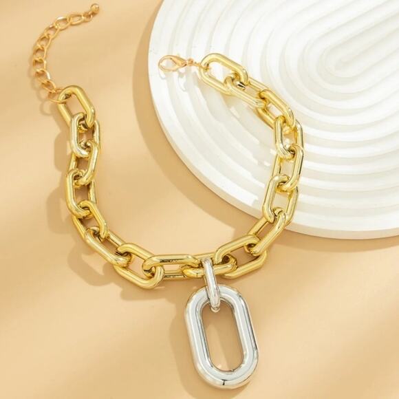 Gold Exaggerated Multilayer Statement Necklace Bicolor O Link Toggle - Picture 7 of 7